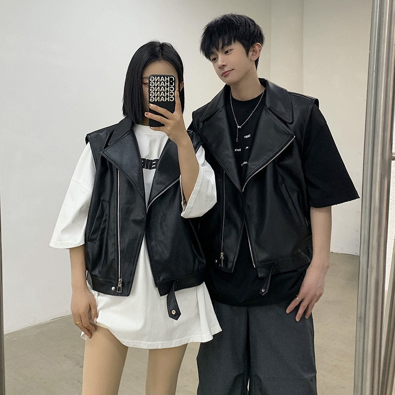 Cleanfit Short Leather Vest for Men and Women in Spring and Autum, Handsome and High-End Sleeveless Vest, Couple Pu Leather Jacket
