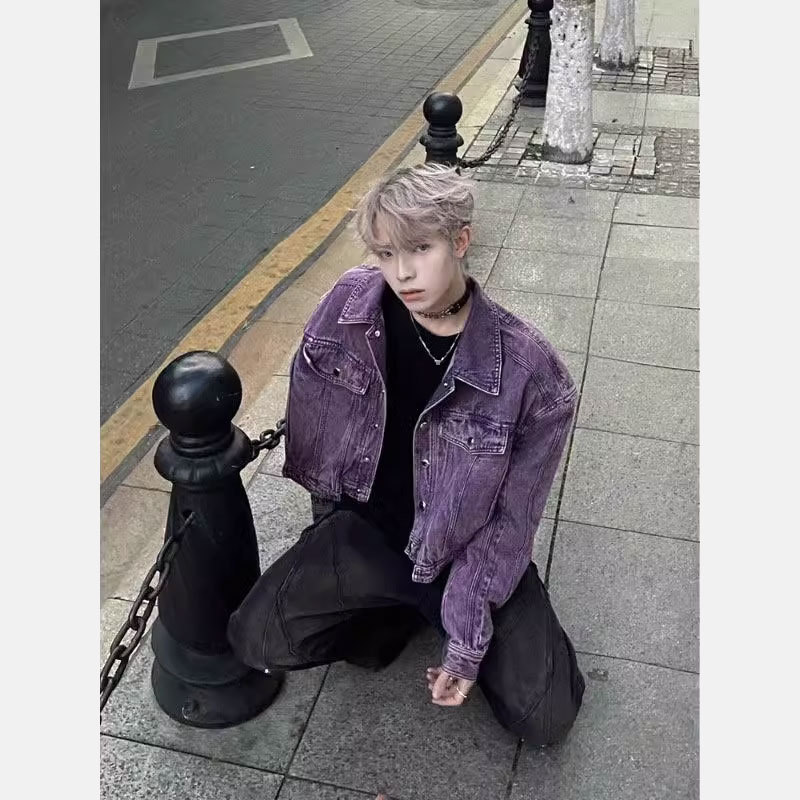 Purple High-Waisted Short Denim Jacket for Men, Spring and Autumn Style, American Workwear Biker Jacket, Men's Model High-End Coat