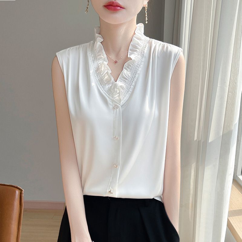 Rushui Selected Lace Collar Sleeveless Vest V-Neck Shirt for Women, French Style Ruffled Vest, Inner Layer for Suit, Women's Clothing