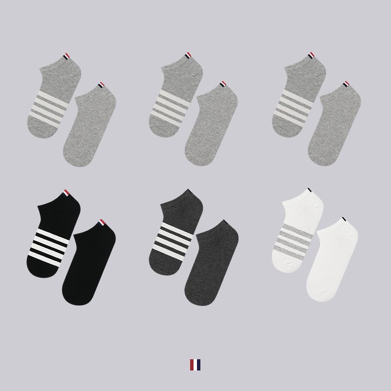 Tb Socks 6 Pairs Four-Stripe No-Show Socks Unisex Couple Sweat-Absorbent Odor-Resistant All-Season Low-Cut Sports Short Cotton Socks