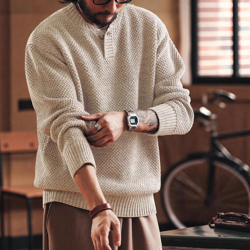 Gelanlu American-Style Heavy Henry Collar Thick Knit Sweater for Men, Spring and Autumn Style, Old Money Style, Thickened and Warm, Tough Guy Knitwear