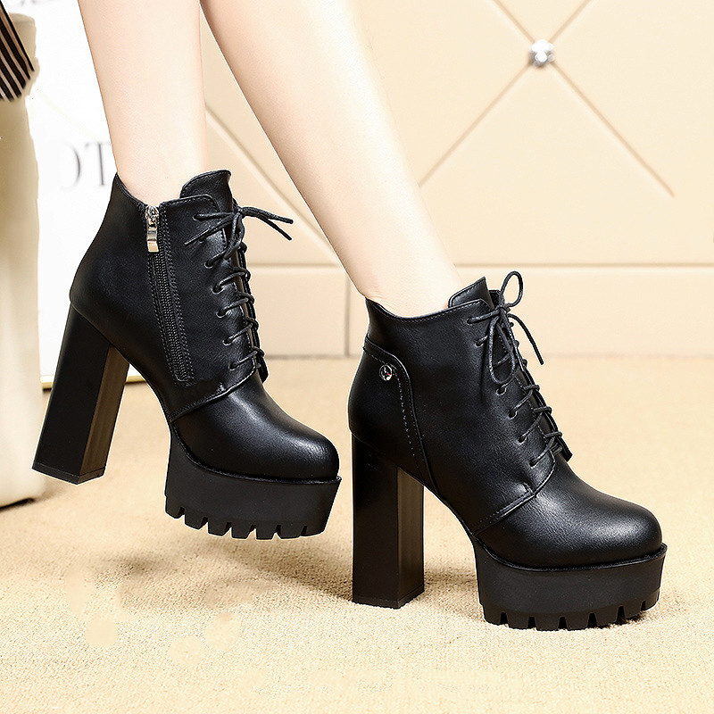 Autumn and Winter New Ultra-High Heel Martin Women's Shoes, Thick-Soled Waterproof Platform Short Boots, 12cm Thick Heel, Versatile Women's Leather Shoes, Korean Style