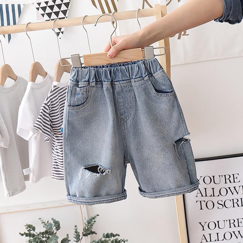 Boys' shorts 2021 summer wear thin section children's Western style ripped jeans baby summer five-point five-point pants trend