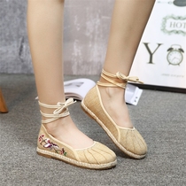 Spring summer and autumn linen shoes embroidered shoes cotton linen ethnic style womens shoes flat cross strap old Beijing retro cloth shoes