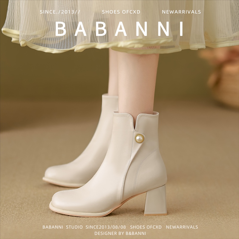 Super Soft~Cowhide Version of Thick-Heeled Short Boots for Women, French-Style White High-Heeled Shoes, Autumn and Winter Fleece-Lined Slim Boots, Spring and Autumn Nude Boots Super Soft~Cowhide Version of Thick-Heeled Short Boots for Women, French-Style White High-Heeled Shoes, Autumn and Winter Fleece-Lined Slim Boots, Spring and Autumn Nude Boots