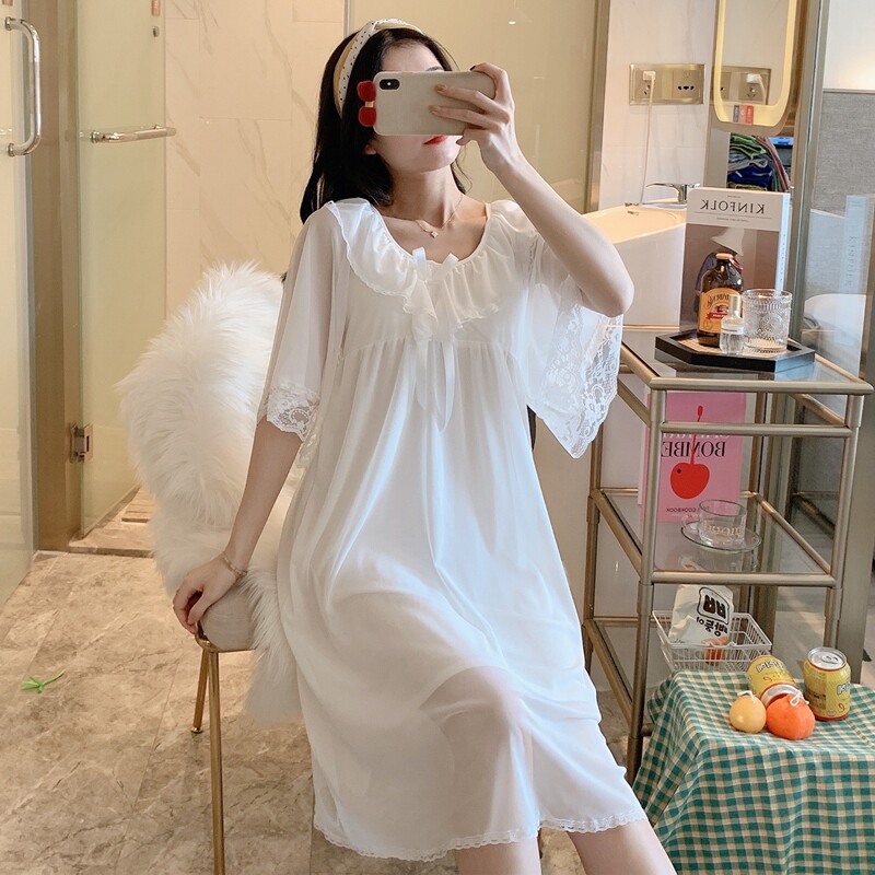 Pajamas women's summer ice silk nightdress thin section palace style with chest pad summer sexy suspenders cute lace home clothes