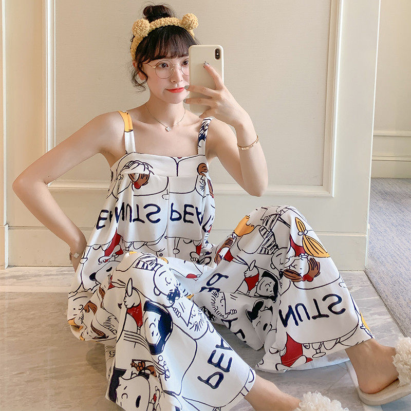 Nightdress Ladies Summer Cotton Pajamas Sling Sweet and Cute Loose Large Size Jumpsuit Skirt-proof Homewear