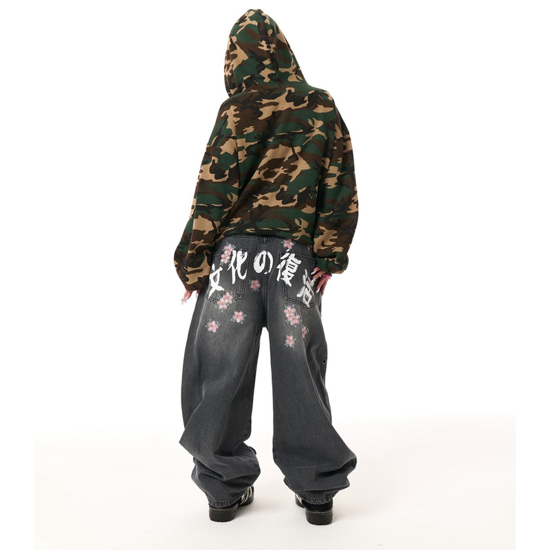 Japanese Street Style 9090 Collaboration Scimitar Baggy Embroidered Y2K Washed Vintage Japanese Trendy Loose Denim Straight-Leg Pants