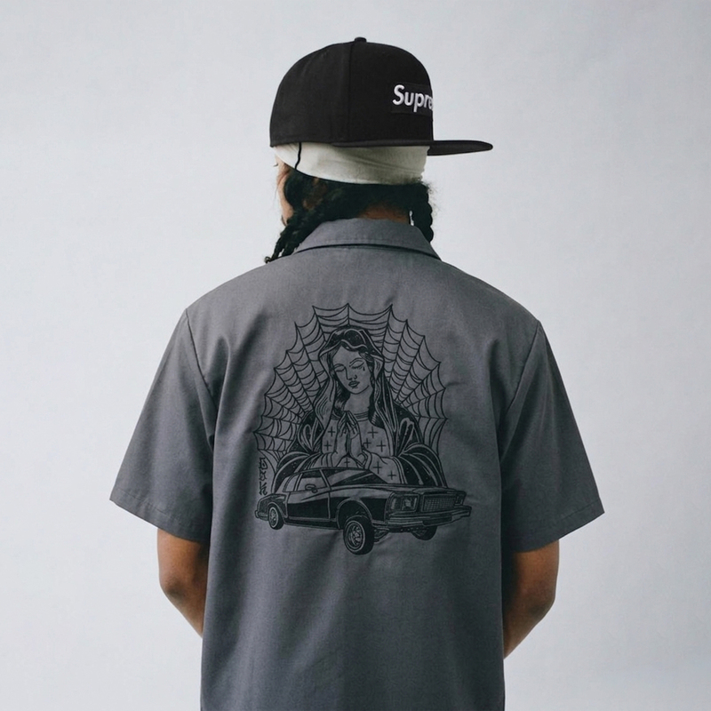 American-Style Skateboard Dgk Spider Web Embroidery West Coast Kachino Street Dance Workwear Half-Zip Short-Sleeve Shirt