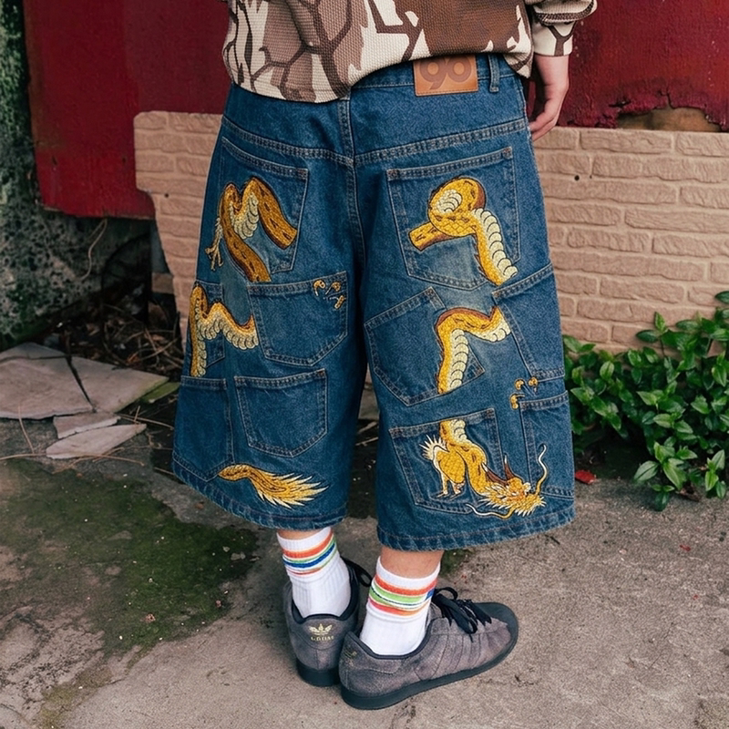 Japanese Street Style 90S Retro Dragon Embroidery Pocket Y2K Washed Vintage Loose Denim Straight Shorts Capri Pants