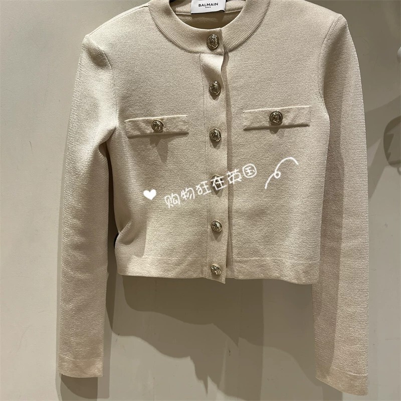 Balmain European Purchasing Agent 26 New Models of Women's Round-Neck Short Single-Row Gold Button Knitted Cardigan