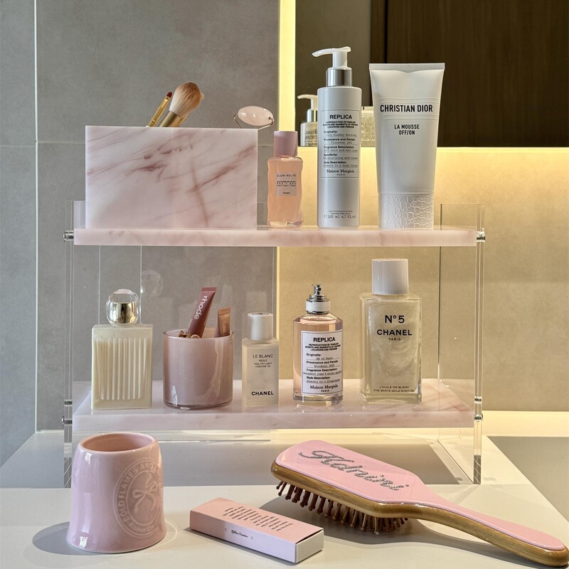 Jiu Lou Pink Acrylic Double-Layer Bathroom Shelf Washstand Storage Rack Marble Cosmetic Organizer