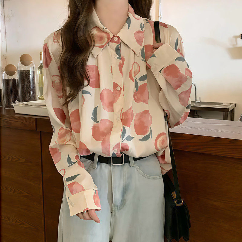 Peach Print Polo Collar Shirt for Women Summer 2026 Korean Style Loose Lazy Style Long-Sleeved Sun Protection Top Jacket