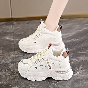 Women's Shoes 2026 New Spring Versatile White Genuine Leather Height-Increasing Soft-Soled Sneakers Thick-Soled Casual Dad Shoes