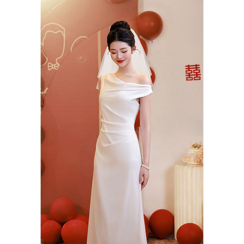 Elegant and Sophisticated Off-Shoulder White Light Dress for Marriage Registration, Light Wedding Dress, Engagement Dress for Women
