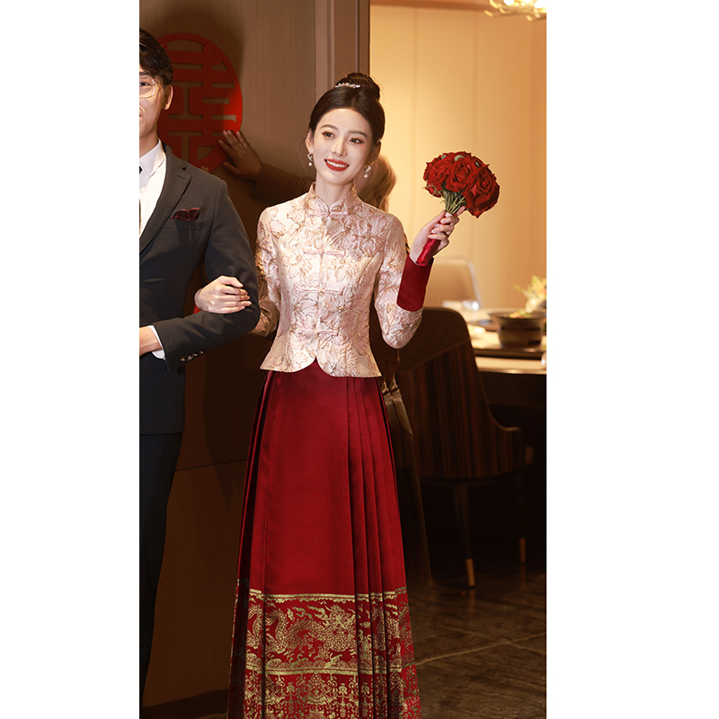  S -Note: If the dress is small, please consult the customer service first+Dragon wine red mid -length top+horse noodle skirt FMS2579   + $31.43 