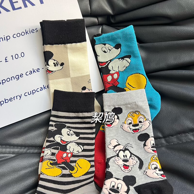 Mickey Socks for Women, Spring and Autumn, Pure Cotton Mid-Calf Socks, Korean Versatile Retro Color-Blocking, Japanese Cute Long Socks for Women