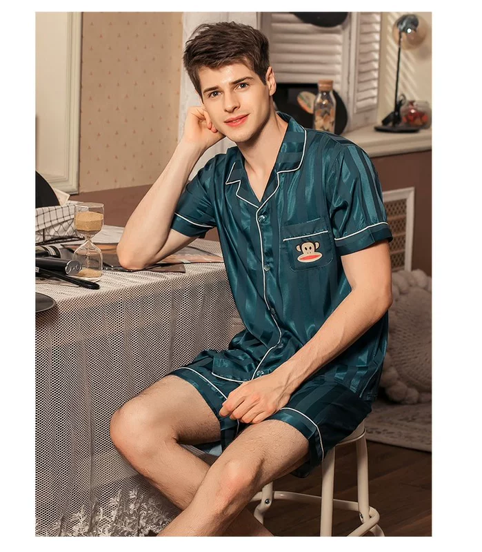 Khỉ miệng lớn bộ đồ ngủ mùa hè của nam giới mỏng băng lụa quần short ngắn tay nam phục vụ tại nhà mùa hè bộ đồ lụa màu xanh đậm - Giải trí mặc / Mum mặc