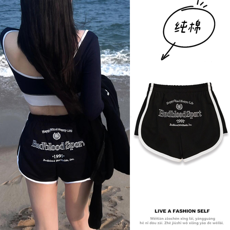 American-Style Spicy Girl Sports Embroidered Letter Cotton Bm Style Leg-Lengthening Shorts for Women, Summer High-Waisted Slimming Hot Pants for Outerwear