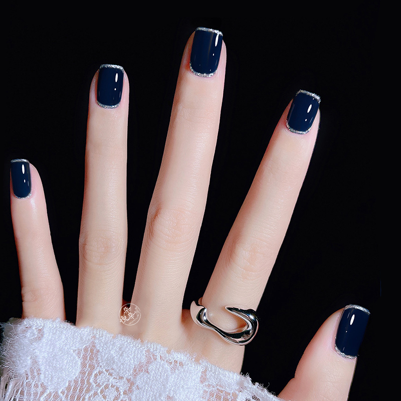 Purely Handmade Short Style Wearable Nails, White-Enhancing, Noble and Cool, Dark Blue with Fine Glitter, French Edge, Dark Blue Nail Patches