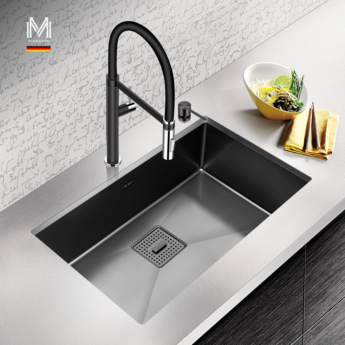 Manton Kitchen Black Nano Antibacterial Black Diamond Handsink Single Sink 304 Stainless Steel Stage Wash Tray