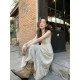 ສະບາຍດີ Canon holiday style lace splicing pleated suspender dress spring and summer new loose slimming A-line long skirt