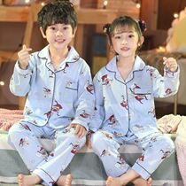 Childrens pajamas Spring and autumn long-sleeved mens and womens cartoon cardigan cotton medium and small childrens air conditioning home clothes cotton suit