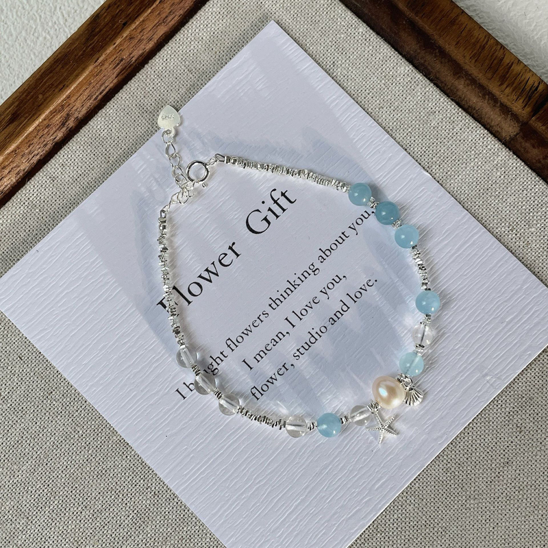 S925 Sterling Silver Fresh Style Freshwater Pearl Aquamarine Bracelet for Women, Dreamy Starfish Shell Crystal Broken Silver Jewelry