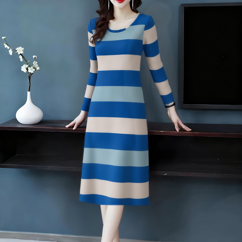2026 Autumn and Winter Fashion New Striped Long-Sleeved Dress for Women, Casual Loose Slimming Mid-Length Dress for Age-Reducing Mothers