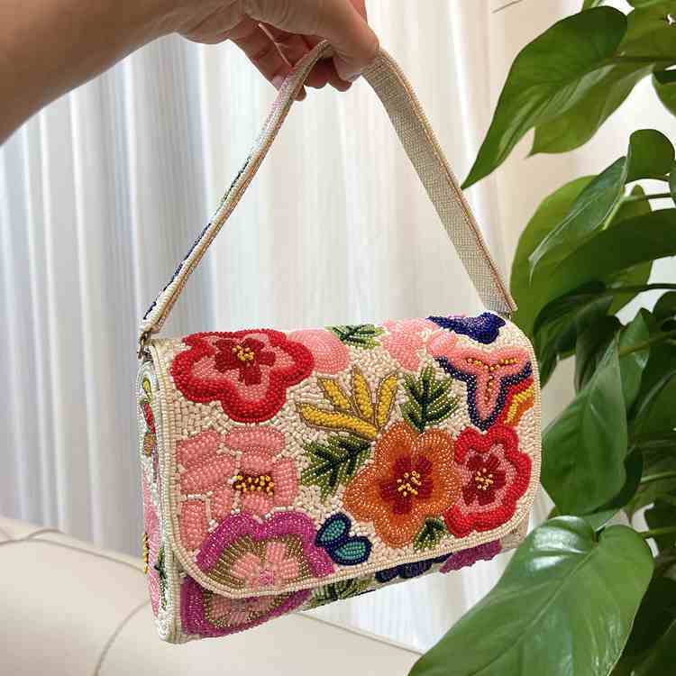 Indian Handmade Beaded Three-Dimensional Flower Handbag, Fully Beaded Embroidery Crossbody Bag, Floral Handbag with French Embroidery