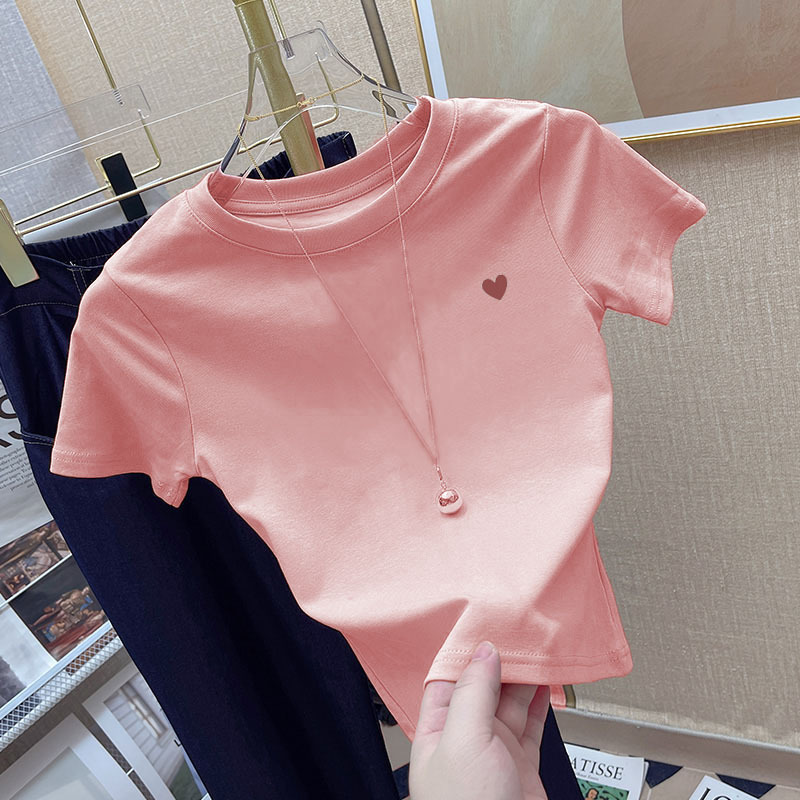 Pink Heart Printed Short-Sleeved T-Shirt for Women Summer New Slim Fit Versatile Short Right Shoulder Pure Desire Top ins