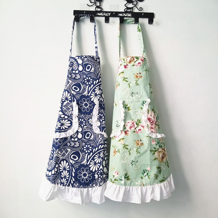 Apron Home Kitchen Pure Cotton Woman Fashion Fields Garden Wind Crummy Flowers Hanging neck lace Korean version cute princess apron customised