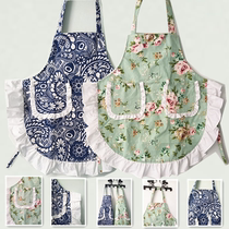 Pastoral canvas adult lace apron blue blue and white porcelain kitchen cooking home Princess apron cute hanging collar