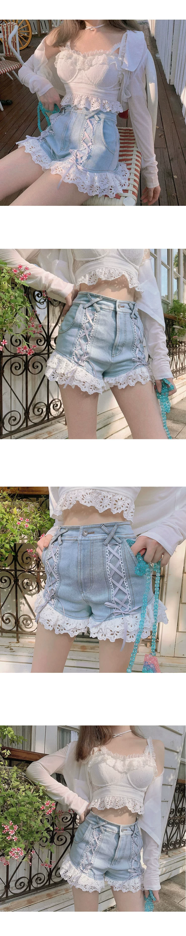 New Japanese Cute Lolita Girls Denim Shorts Summer Kawaii Sexy Lace-Up Blue Shorts Sweet High Waist Lace Splicing Women'S Shorts lululemon shorts