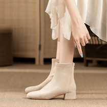 White thick heel square toe plus velvet skinny boots~2022 new British style high heel back zipper stretch Chelsea boots