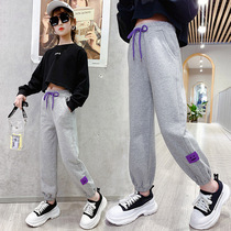 Tide brand girl pants 2021 autumn and winter plus velvet big children loose sports pants childrens casual trousers