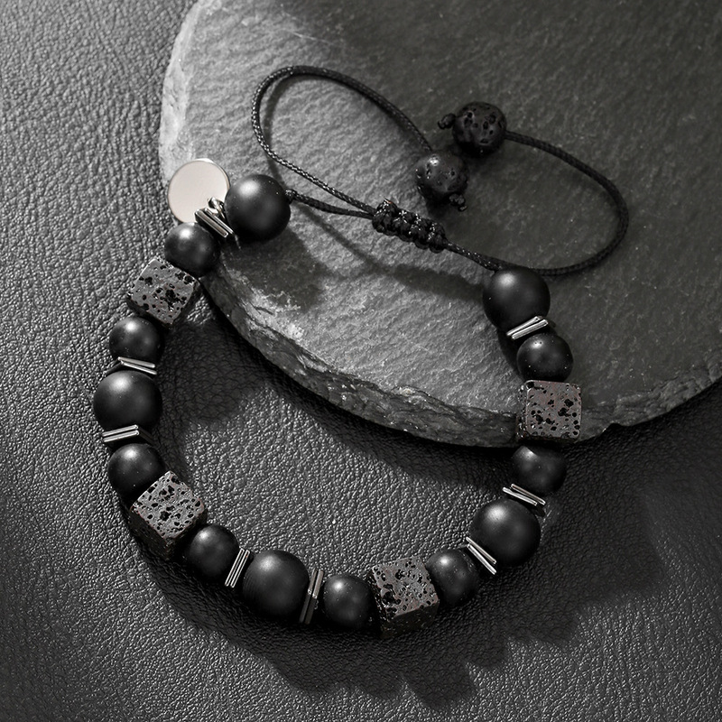 Stone Bracelet Lava Cube Volcanic Stone Woven Bracelet Men's Matte Black Glass Beads Adjustable Bracelet Bracelet