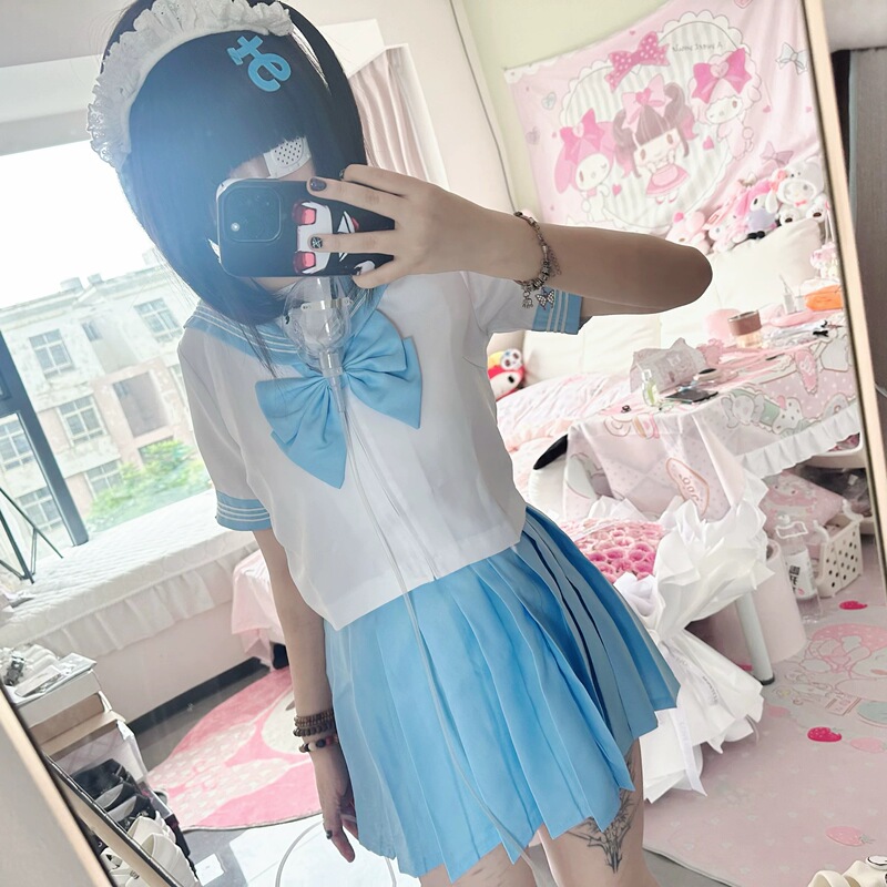 [in Stock Now] Bodyline Brand New Sailor Uniform Aqua Color Jk Uniform Set Harajuku Bow Tie Rainbow Team