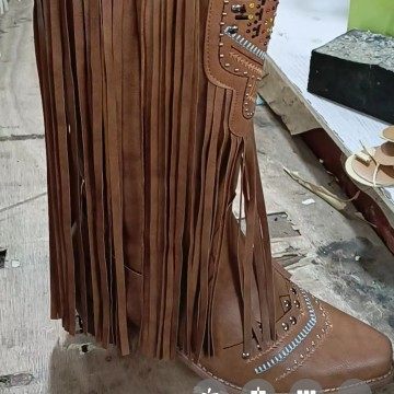 Independent Foreign Trade European and American Style Women's Extra-Large Square-Toe Rhinestone Retro Tassel Boots with Chunky Heels, Internet-Famous Western Cowboy Boots