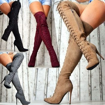 Independent Foreign Trade European and American Style Women's Plus-Size Fashion Boots, Sexy High-Heeled Long Boots, Lace-Up Pointed-Toe Over-The-Knee Boots