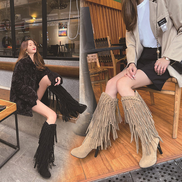 Independent Foreign Trade European and American Style Large Size High-Heeled Tassel Boots Women's Riding Boots Round Toe Performance Catwalk Fashion Boots