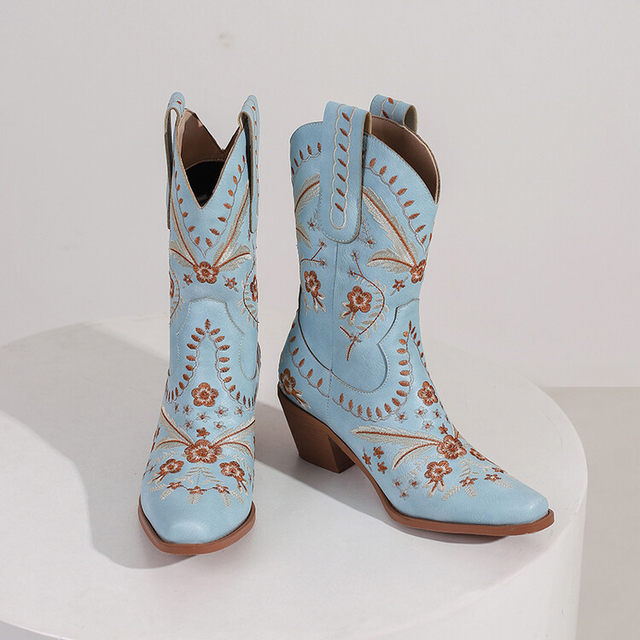 Western Cowboy Boots Embroidered Retro Square Toe High Boots Thick Heel High Heel Mid-Calf Boots Bohemian Knight Boots Long Boots