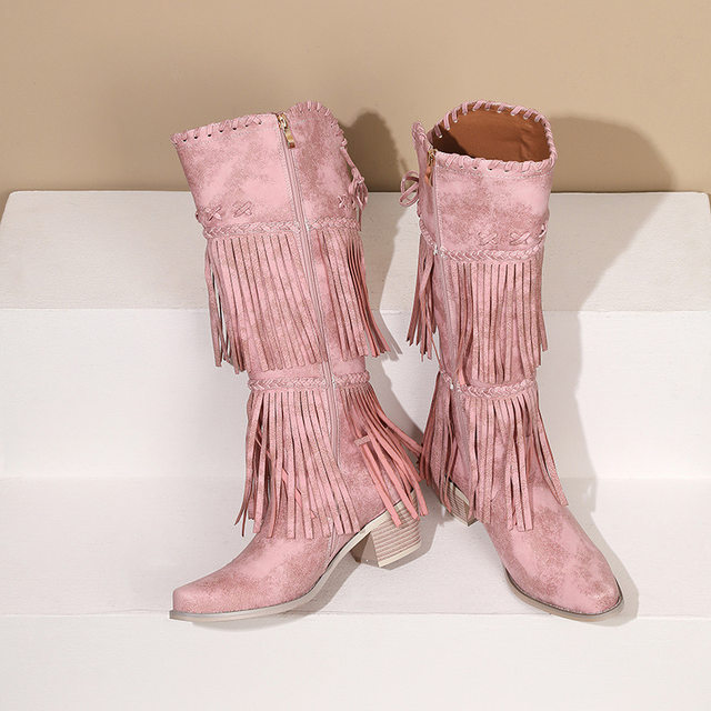 Independent Station Export European and American Style Large Size Female Knight Boots Tassel Boots Thick Heel High Boots Fashionable Western Cowboy Boots