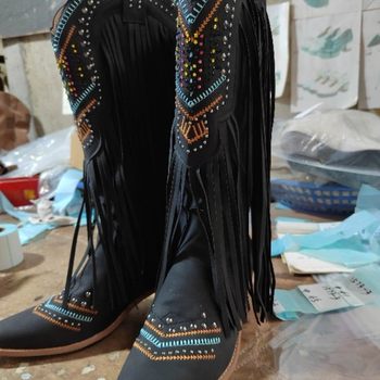 Independent Foreign Trade European and American Style Women's Extra-Large Square-Toe Rhinestone Retro Tassel Boots with Chunky Heels, Internet-Famous Western Cowboy Boots