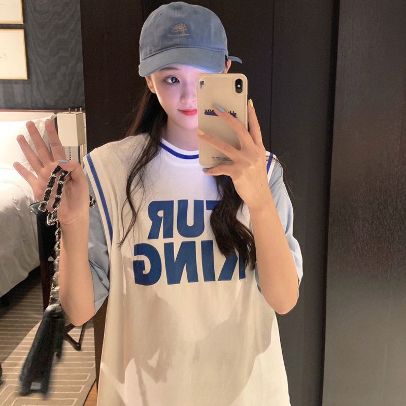 Fried Street Harbor Taste Maiden Summer Basketball Clothes Fake two retro South Korea Loose Half Sleeve Jersey blouse T-shirt woman