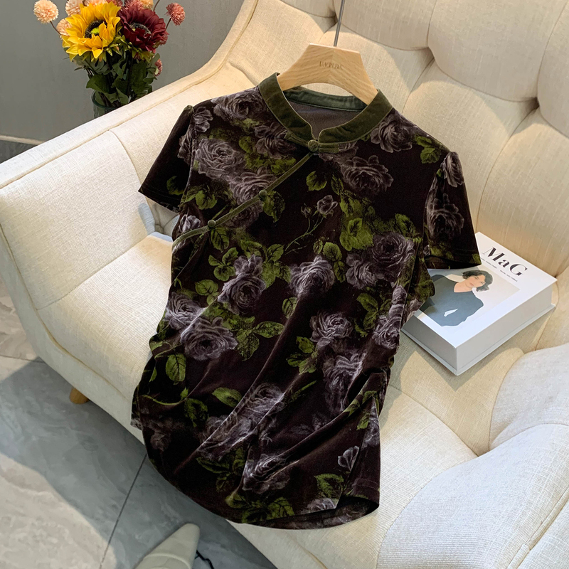 Plda New Chinese Style Cheongsam Slim Fit Top for Women 2025 Early Autumn New Short Sleeve Flocked Stretchy Vintage Print Elegant