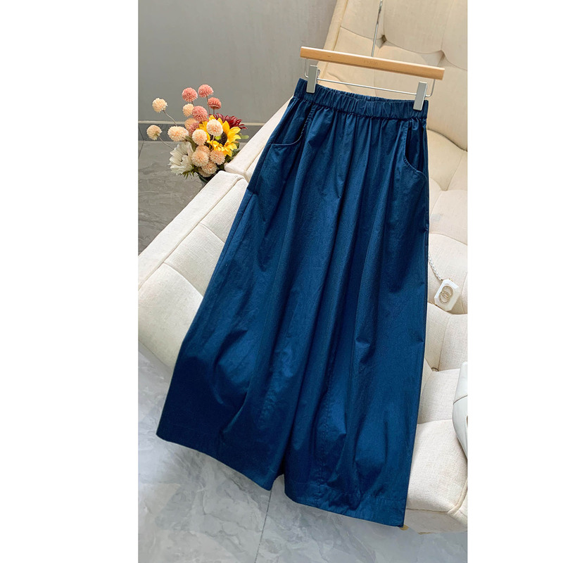 Jsy Casual Loose Elastic Natural Waist 2026 Summer New Blue Pima Cotton Wide-Leg Elastic Waist Women's Long Pants