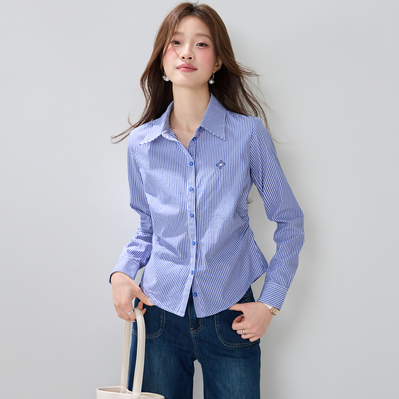 Blue Striped Shirt Top for Women, New 2026 Early Spring Short Slim-Fit Cinched Waist Pure Cotton Blouse