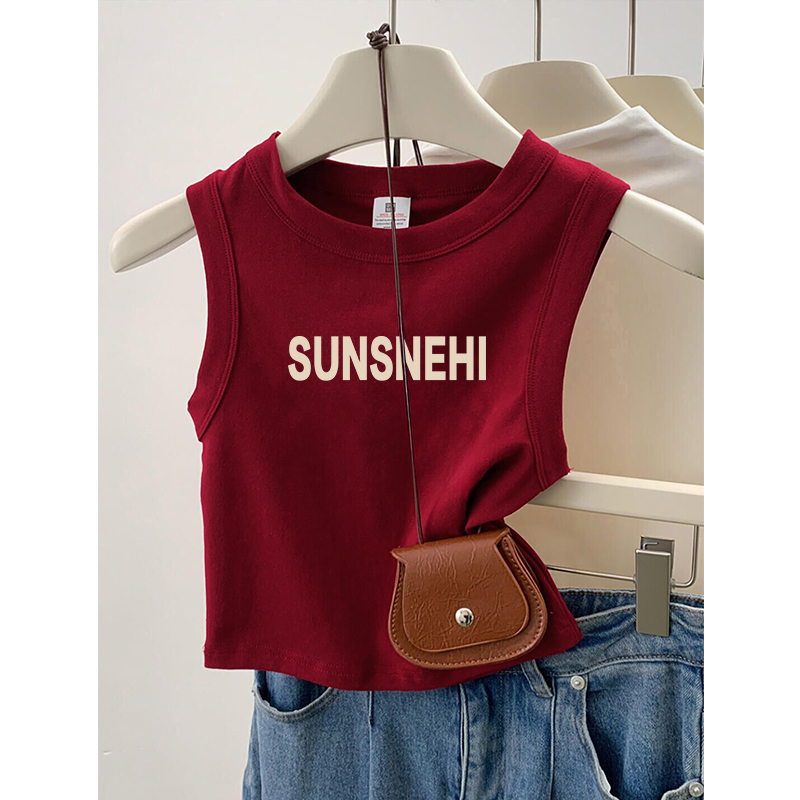 Burgundy Short Shoulder-Baring Tank Top T-Shirt for Women, Summer Outerwear, Camisole, Inner Layer, Base Shirt, Petite Sleeveless Top