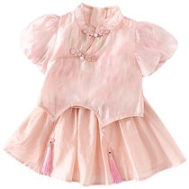 Girl Suit Summer Dress 2024 New Children Country Wind Hanfu Short Skirt Baby Princess Skirt Summer Children Two Sets